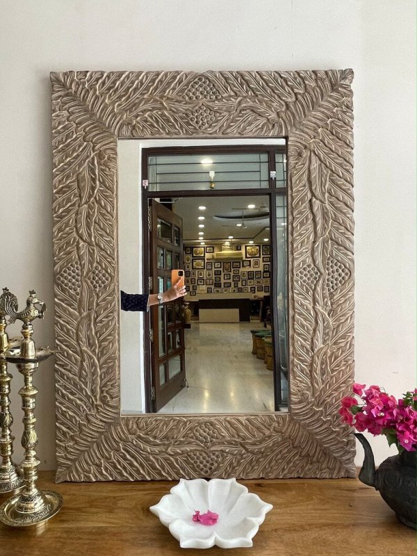 Hand Carved Floral Leaf Work Wooden Mirror Frame mirror frame - Bone Inlay Furnitures