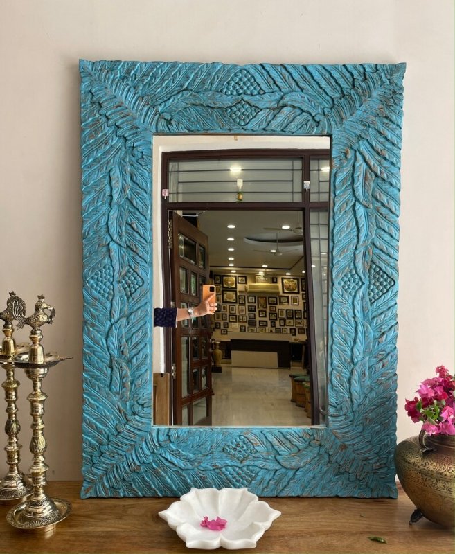 Hand Carved Floral Leaf Work Wooden Mirror Frame mirror frame - Bone Inlay Furnitures