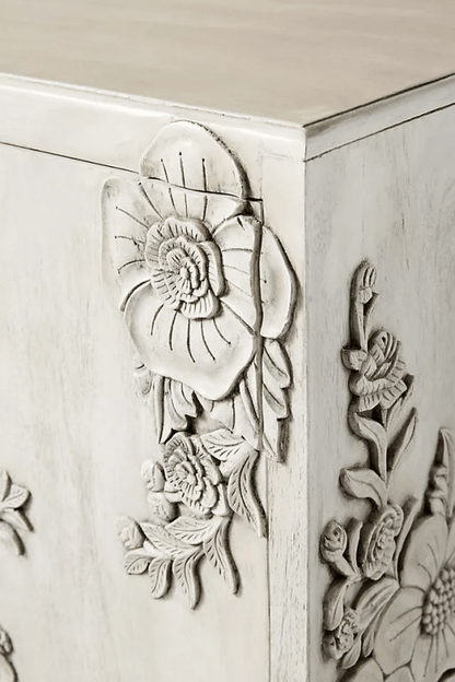 Hand-carved Floral Sideboard | Handmade White Distress Finish Buffet table Sideboard - Bone Inlay Furnitures