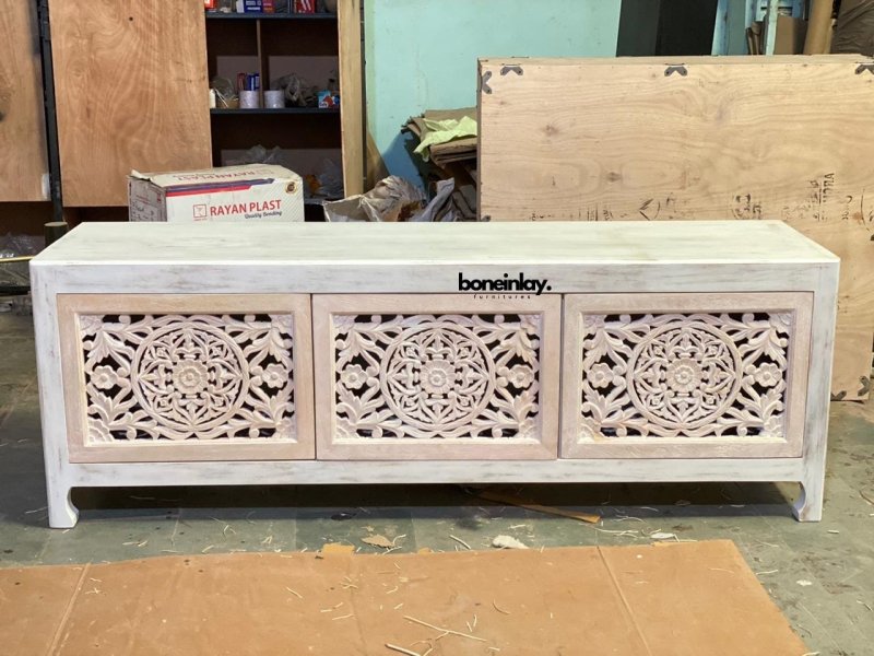 Hand Carved Floral wooden Media Unit Cabinet - Bone Inlay Furnitures