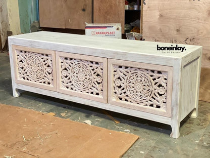 Hand Carved Floral wooden Media Unit Cabinet - Bone Inlay Furnitures