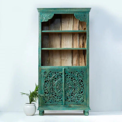 Hand Carved Green Color Bookcase Open Display Cabinet with Three Shelf and Two door Bookshelf - Bone Inlay Furnitures