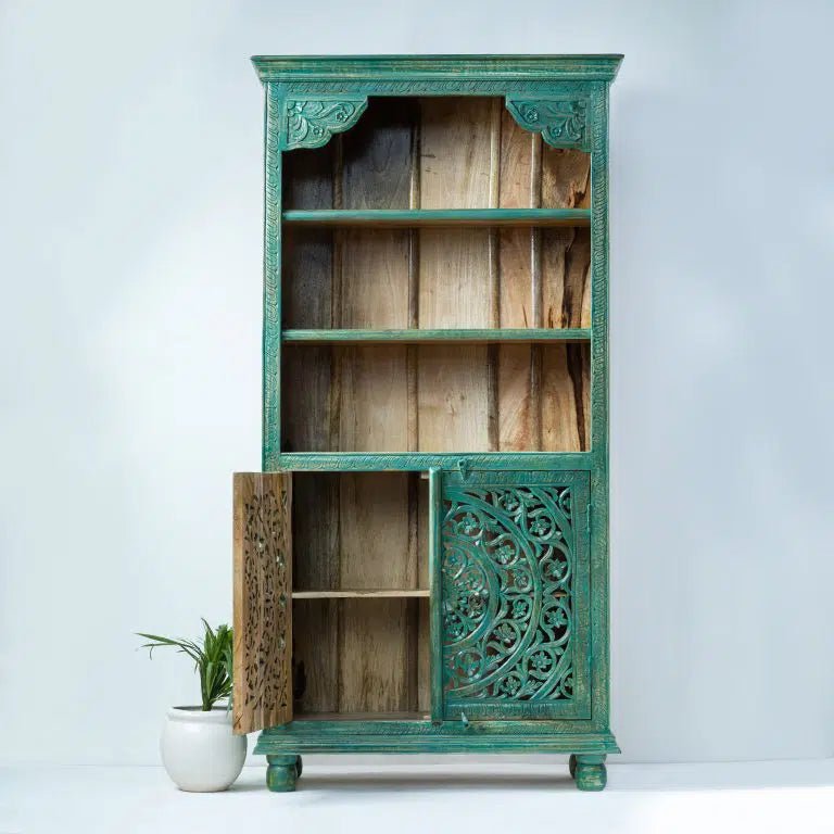 Hand Carved Green Color Bookcase Open Display Cabinet with Three Shelf and Two door Bookshelf - Bone Inlay Furnitures