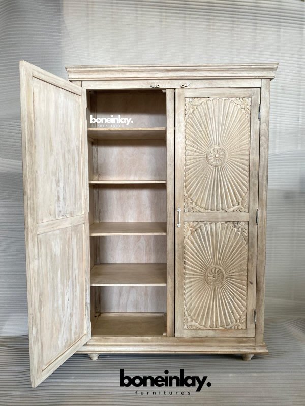 Hand - Carved Indian Design Vintage Armoire Wardrobe | Indian Furniture Armoire - Bone Inlay Furnitures