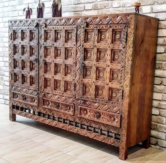 Hand Carved Indian Solid Wood Entryway Console Cabinet with Three Doors and Three Drawers Cabinet - Bone Inlay Furnitures