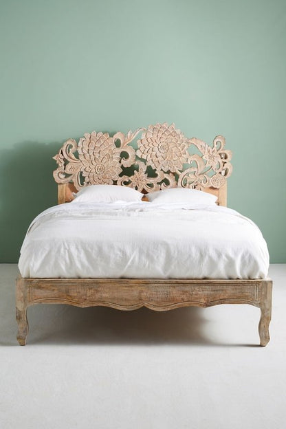 Hand-carved Lotus Platform Bed with Headboard | Handmade Indian Wooden Bed Beds & Bed Frames - Bone Inlay Furnitures