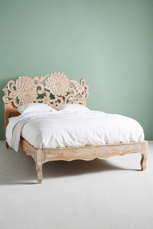 Hand-carved Lotus Platform Bed with Headboard | Handmade Indian Wooden Bed Beds & Bed Frames - Bone Inlay Furnitures