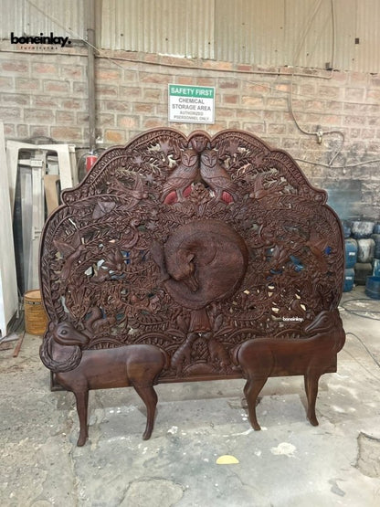 Hand Carved Menagerie Big Bed Headboard in Deer Design Beds & Bed Frames - Bone Inlay Furnitures