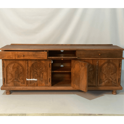 Hand Carved Menagerie Media Unit Table Media Console Table - Bone Inlay Furnitures