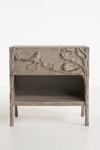 Hand Carved Natural Color Ornithology Bedside Nightstand Nightstand - Bone Inlay Furnitures