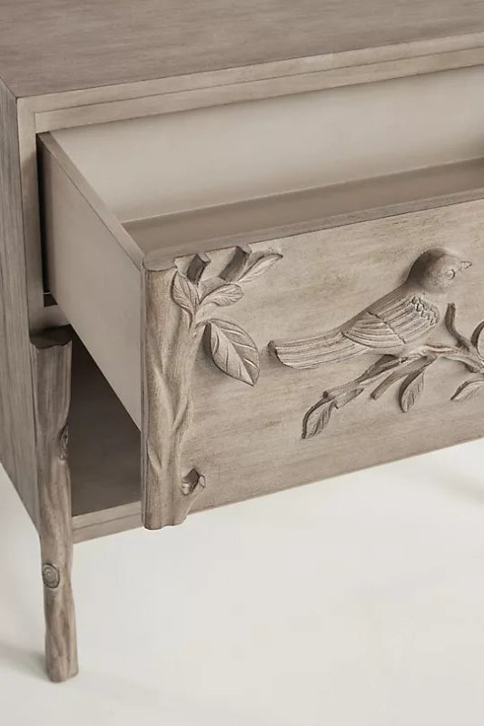 Hand Carved Natural Color Ornithology Bedside Nightstand Nightstand - Bone Inlay Furnitures