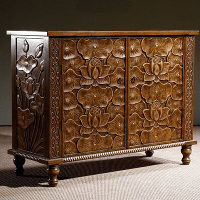 Hand Carved Natural Wood Light Brown Color with Two Doors Sideboard Cabinet Sideboard - Bone Inlay Furnitures