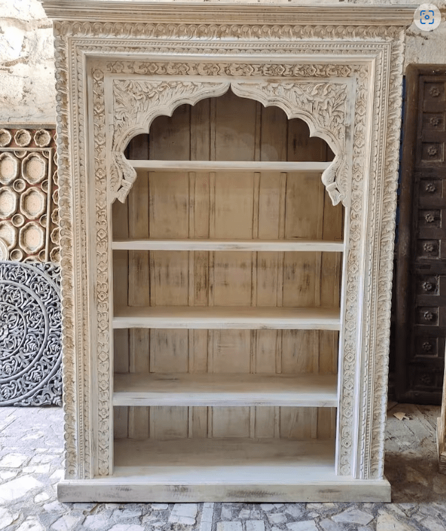 Hand Carved Natural Wooden Traditional Design Book Shelf with Five Shelf Bookshelf - Bone Inlay Furnitures