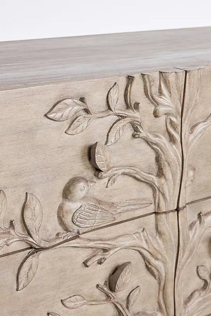 Hand Carved Ornithology Wooden Bird Design Six Drawer Dresser Chest of Drawers - Bone Inlay Furnitures