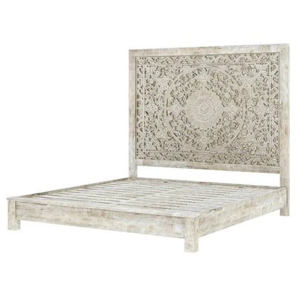 Hand Carved Rustic Solid Wood in White Color with Headboard Beds & Bed Frames - Bone Inlay Furnitures