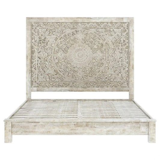 Hand Carved Rustic Solid Wood in White Color with Headboard Beds & Bed Frames - Bone Inlay Furnitures