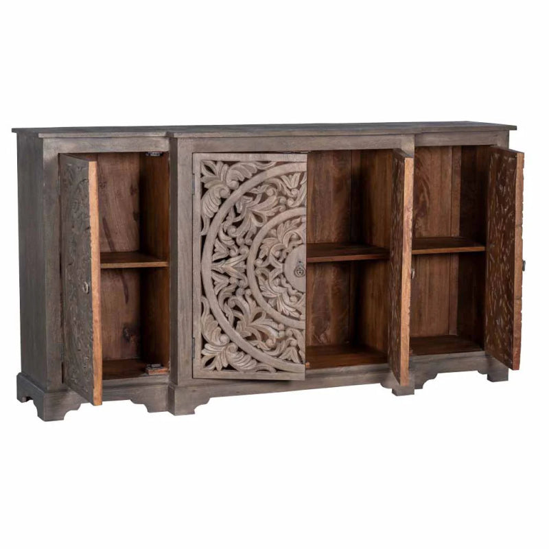 Hand carved Rustic Wooden Sideboard with Carved Doors Boho Storage Cabinet" Buffet & Sideboard - Bone Inlay Furnitures