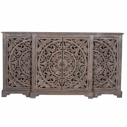 Hand carved Rustic Wooden Sideboard with Carved Doors Boho Storage Cabinet" Buffet & Sideboard - Bone Inlay Furnitures