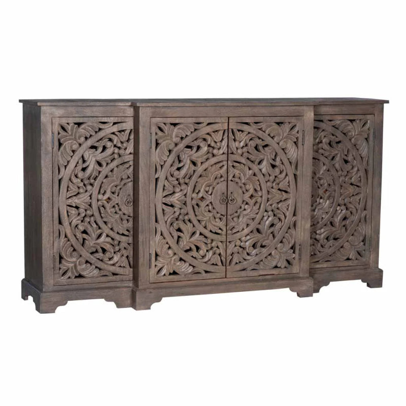 Hand carved Rustic Wooden Sideboard with Carved Doors Boho Storage Cabinet" Buffet & Sideboard - Bone Inlay Furnitures