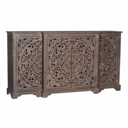 Hand carved Rustic Wooden Sideboard with Carved Doors Boho Storage Cabinet" Buffet & Sideboard - Bone Inlay Furnitures