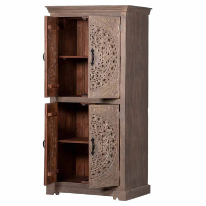 Hand carved Rustic Wooden Storage Armoire with Carved Doors | Decorative Boho Cupboard" Armoire - Bone Inlay Furnitures