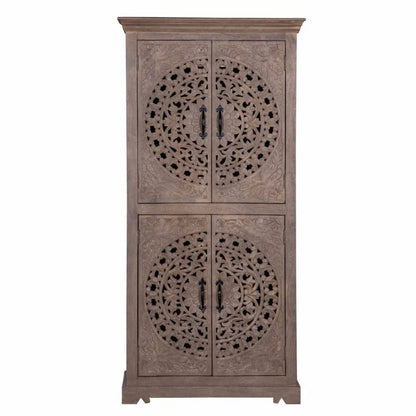 Hand carved Rustic Wooden Storage Armoire with Carved Doors | Decorative Boho Cupboard" Armoire - Bone Inlay Furnitures