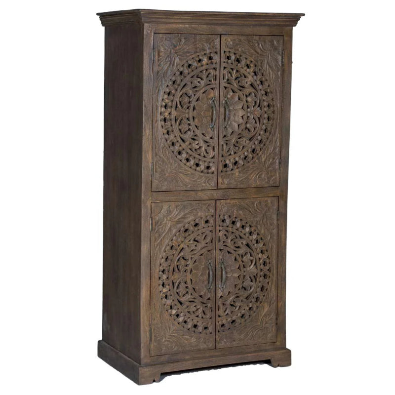 Hand carved Rustic Wooden Storage Armoire with Carved Doors | Decorative Boho Cupboard" Armoire - Bone Inlay Furnitures