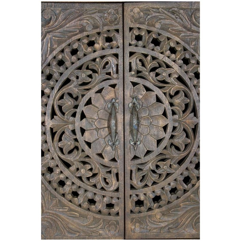 Hand carved Rustic Wooden Storage Armoire with Carved Doors | Decorative Boho Cupboard" Armoire - Bone Inlay Furnitures