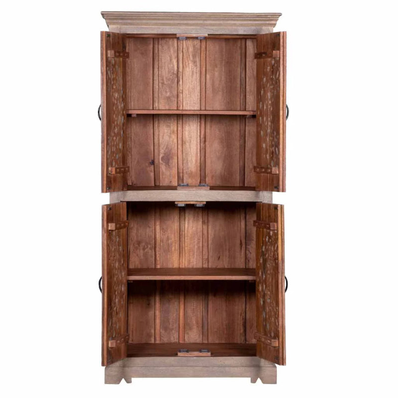 Hand carved Rustic Wooden Storage Armoire with Carved Doors | Decorative Boho Cupboard" Armoire - Bone Inlay Furnitures