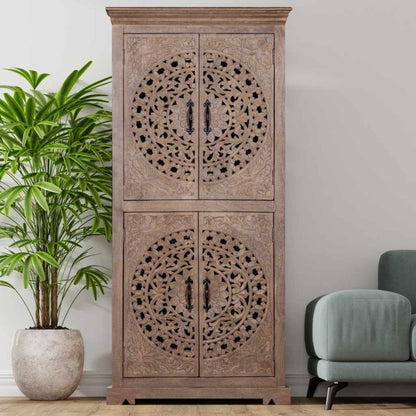 Hand carved Rustic Wooden Storage Armoire with Carved Doors | Decorative Boho Cupboard" Armoire - Bone Inlay Furnitures