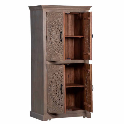 Hand carved Rustic Wooden Storage Armoire with Carved Doors | Decorative Boho Cupboard" Armoire - Bone Inlay Furnitures