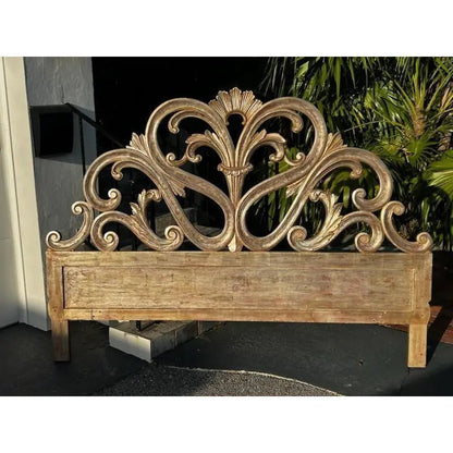 Hand Carved Solid Wood Silver Leaf Design Headboard Beds & Bed Frames - Bone Inlay Furnitures