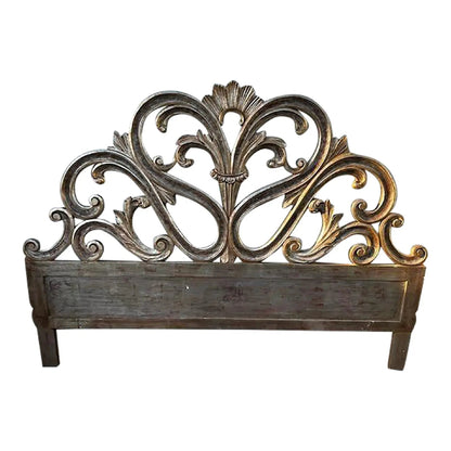 Hand Carved Solid Wood Silver Leaf Design Headboard Beds & Bed Frames - Bone Inlay Furnitures