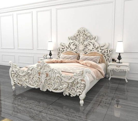 Hand Carved Solid Wood White Color Bed with Headboard Beds - Bone Inlay Furnitures