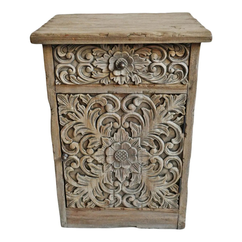 Hand Carved Solid Wooden Bedside Table with One door and Storage One Drawer Nightstand - Bone Inlay Furnitures