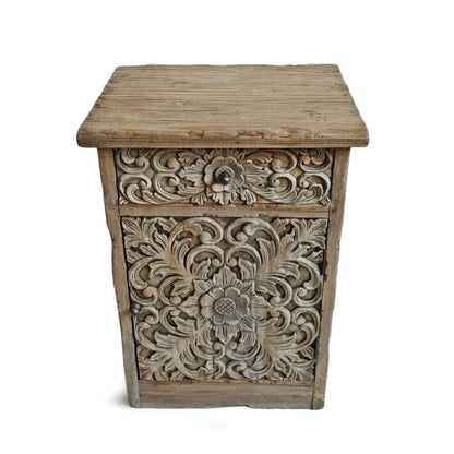 Hand Carved Solid Wooden Bedside Table with One door and Storage One Drawer Nightstand - Bone Inlay Furnitures