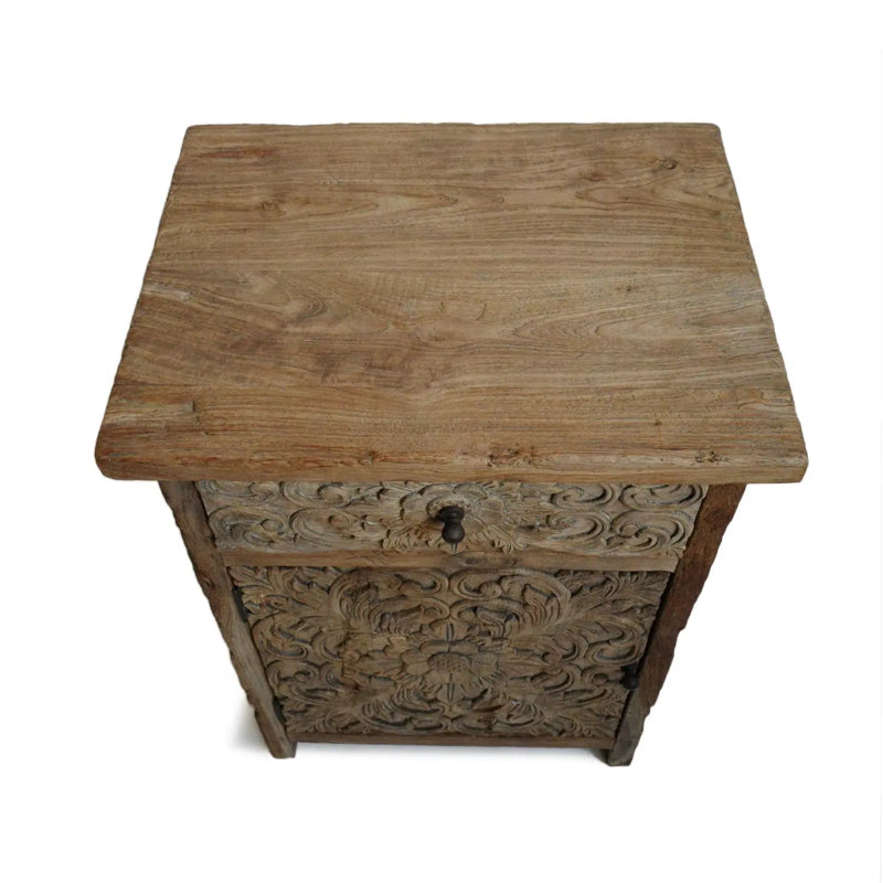 Hand Carved Solid Wooden Bedside Table with One door and Storage One Drawer Nightstand - Bone Inlay Furnitures