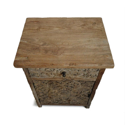 Hand Carved Solid Wooden Bedside Table with One door and Storage One Drawer Nightstand - Bone Inlay Furnitures