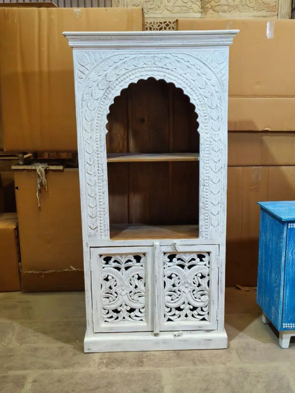 Hand Carved Solid Wooden Bookshelf with Two Door in White Color Bookshelf - Bone Inlay Furnitures