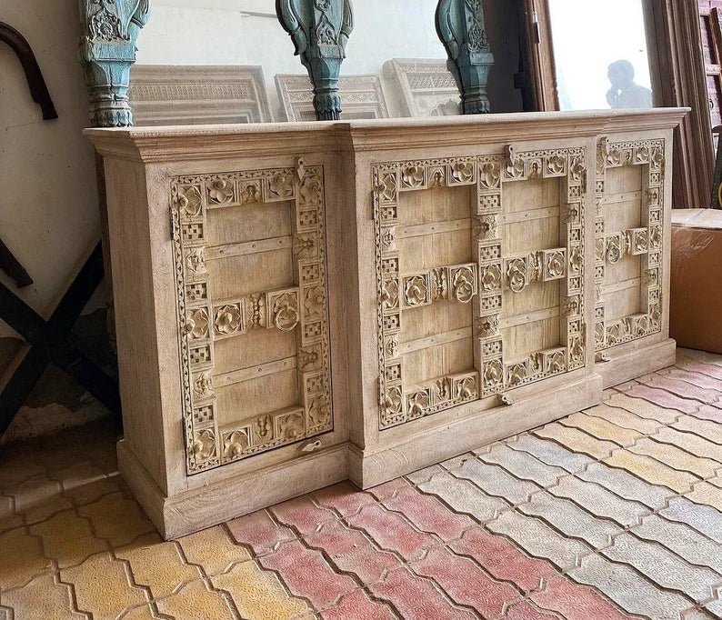 Hand Carved Solid Wooden Entryway Sideboard Cabinet with Four Doors Cabinet - Bone Inlay Furnitures