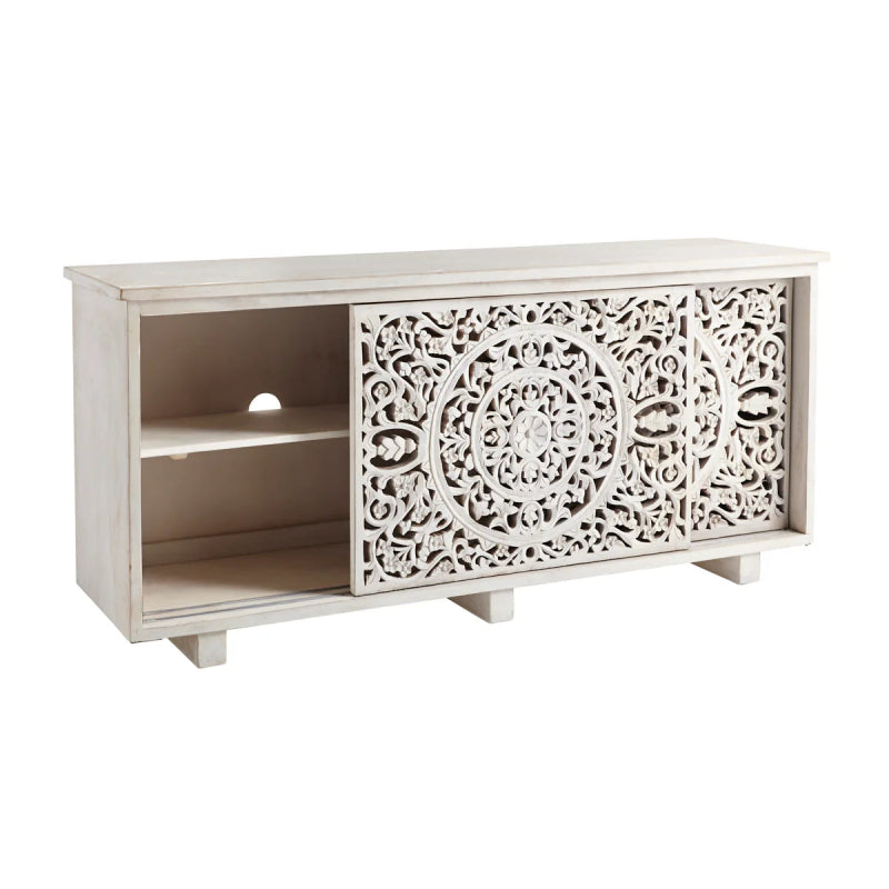 Hand Carved Solid Wooden White Media Console Media Console Table - Bone Inlay Furnitures