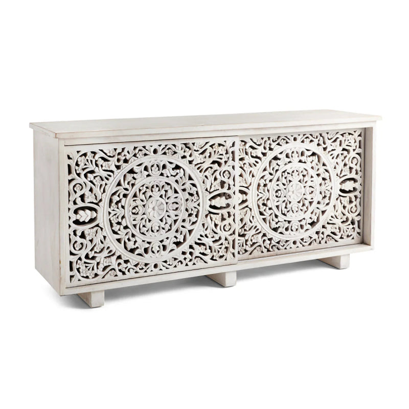 Hand Carved Solid Wooden White Media Console Media Console Table - Bone Inlay Furnitures