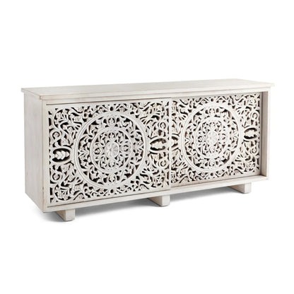 Hand Carved Solid Wooden White Media Console Media Console Table - Bone Inlay Furnitures