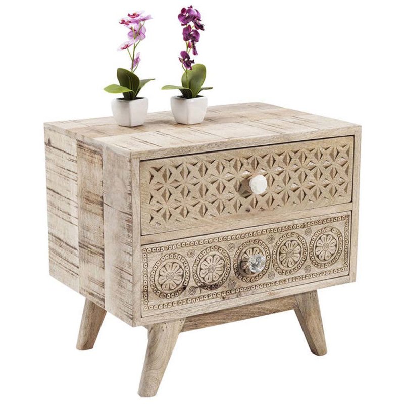 Hand Carved Two Door Nightstand in Natural Color Nightstand - Bone Inlay Furnitures