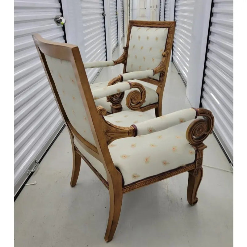 Hand Carved Vintage Sherrill Upholstered Hollywood Regency Dining Armchairs Dining Chair - Bone Inlay Furnitures