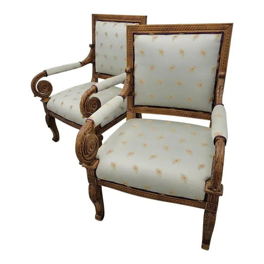 Hand Carved Vintage Sherrill Upholstered Hollywood Regency Dining Armchairs Dining Chair - Bone Inlay Furnitures