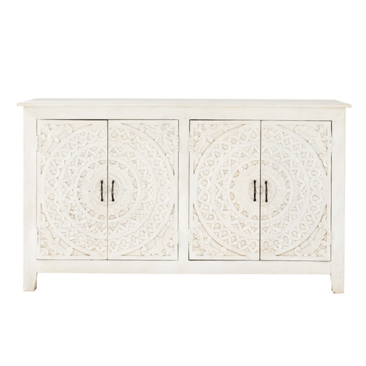 Hand-carved White Color Solid Wood 4-Door Sideboard | Indian Carving Sideboard Sideboard - Bone Inlay Furnitures