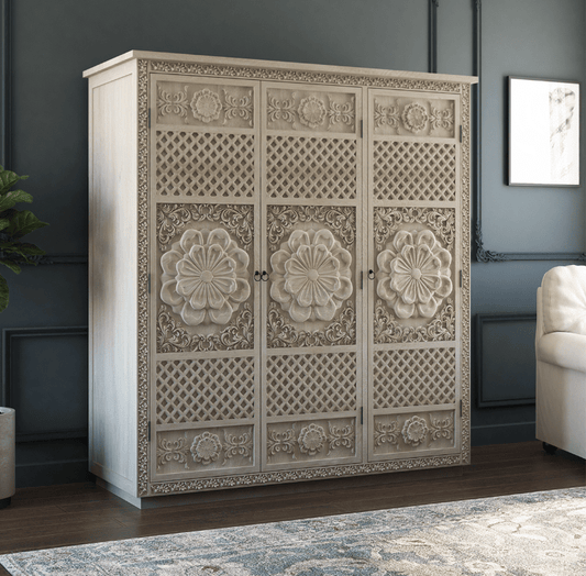 Hand Carved White Color Three Door Sunflower Design Armoire Armoire - Bone Inlay Furnitures