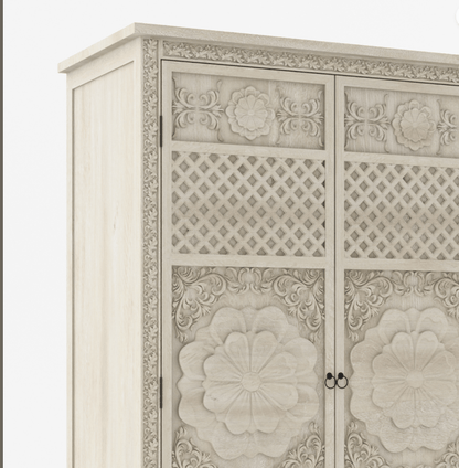 Hand Carved White Color Three Door Sunflower Design Armoire Armoire - Bone Inlay Furnitures