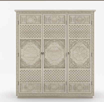 Hand Carved White Color Three Door Sunflower Design Armoire Armoire - Bone Inlay Furnitures